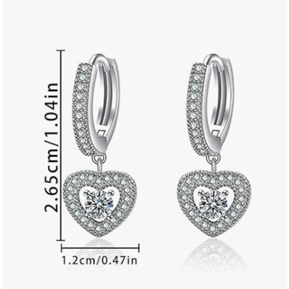 Sterling Silver CZ Heart Dangle Hoop Earrings - Picture 3 of 6